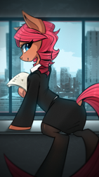 Size: 1024x1820 | Tagged: safe, artist:l8lhh8086, derpibooru import, oc, oc only, earth pony, pony, business suit, businessmare, clothes, dock, female, looking back, mare, office clothes, pantyhose, paper, skirt, skirt suit, smiling, solo, suit