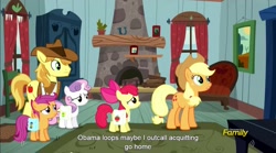 Size: 1281x713 | Tagged: safe, screencap, apple bloom, applejack, braeburn, scootaloo, sweetie belle, earth pony, pony, appleoosa's most wanted, cutie mark crusaders, meme, youtube caption