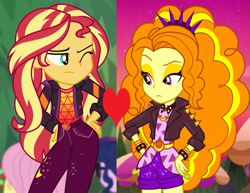 Size: 1139x881 | Tagged: safe, edit, edited screencap, screencap, adagio dazzle, sunset shimmer, better together, equestria girls, sunset's backstage pass!, female, heart, lesbian, music festival outfit, shipping, shipping domino, sunsagio