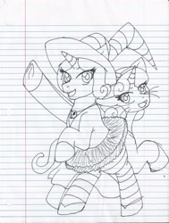 Size: 1594x2106 | Tagged: safe, artist:jolliapplegirl, rarity, sweetie belle, pony, unicorn, clothes, cosplay, costume, hat, lined paper, scary godmother: halloween spooktacular, traditional art, witch, witch hat