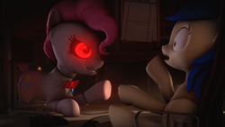 Size: 3840x2160 | Tagged: safe, artist:giz sh, pinkie pie, oc, earth pony, pony, 3d, animatronic, breaking the fourth wall, five nights at freddy's, glowing eyes, red eyes, source filmmaker