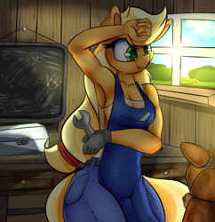 Size: 2900x3000 | Tagged: safe, artist:madacon, applejack, anthro, applerack, apron, armpits, breasts, chalkboard, cleavage, clothes, female, five nights at freddy's, freddy fazbear, gloves, jeans, solo, sweat, toolbox, when you see it, wrench