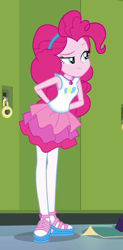 Size: 308x625 | Tagged: safe, derpibooru import, screencap, pinkie pie, equestria girls, equestria girls series, stressed in show, stressed in show: pinkie pie, arm behind back, clothes, cropped, cute, female, geode of sugar bombs, hairband, magical geodes, pantyhose, sandals, skirt, smiling