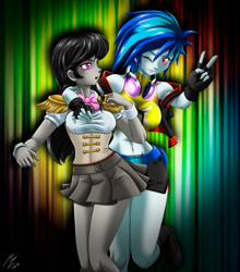 Size: 2085x2367 | Tagged: safe, alternate version, artist:mauroz, dj pon-3, octavia melody, vinyl scratch, equestria girls, anime, breasts, clothes, curtain, female, fingerless gloves, gloves, headphones, lesbian, miniskirt, peace sign, pleated skirt, scratchtavia, shipping, shoes, side slit, skirt, socks, spotlight, thigh highs, vinyl stacked