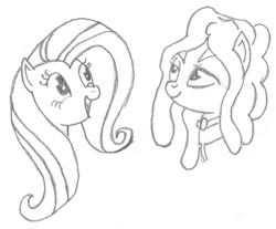 Size: 1240x1025 | Tagged: safe, artist:barryfrommars, fluttershy, tree hugger, pegasus, pony, bust, duo, monochrome, pencil drawing, pendant, portrait, simple background, sketch, traditional art