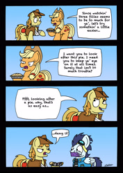 Size: 2480x3508 | Tagged: safe, artist:bobthedalek, applejack, braeburn, soarin', earth pony, pegasus, pony, appleoosa's most wanted, clothes, comic, female, goggles, male, pie, stupidity, that pony sure does love pies, unamused