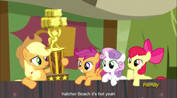 Size: 1282x713 | Tagged: safe, screencap, apple bloom, applejack, scootaloo, sweetie belle, earth pony, pony, appleoosa's most wanted, cutie mark crusaders, meme, youtube caption