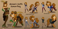 Size: 4692x2314 | Tagged: safe, artist:floofyfoxcomics, oc, oc:autumn science, human, pony, unicorn, boots, clothes, dress, fishnet stockings, flapper, garters, high heel boots, high heels, human ponidox, humanized, miniskirt, pants, pantyhose, reference sheet, self ponidox, shirt, shoes, skirt, steampunk, stockings, thigh highs