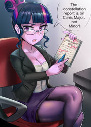 Size: 600x840 | Tagged: safe, artist:tzc, derpibooru import, sci-twi, twilight sparkle, equestria girls, art of the dress, breasts, canis major, canis minor, cleavage, clothes, crossed legs, dialogue, f, female, frown, glasses, hair bun, headlight sparkle, legs, open mouth, pantyhose, paper, pen, reference, short skirt, skirt, solo, speech bubble, teacher, thighs