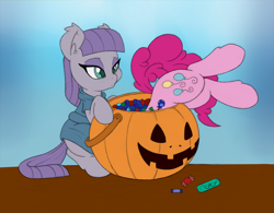 Size: 1500x1171 | Tagged: safe, artist:dfectivedvice, artist:dragonfoorm, maud pie, pinkie pie, pony, bucket, candy, cute, diapinkes, food, jack-o-lantern, maudabetes, nightmare night, pouting, pumpkin, pumpkin bucket, silly, silly pony