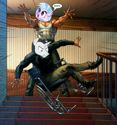 Size: 600x640 | Tagged: safe, chancellor neighsay, silverstream, classical hippogriff, hippogriff, school daze, charles xavier, marvel, meme, mister sinister, one weakness, stairs, that hippogriff sure does love stairs, wheelchair, x-men, ytmnd