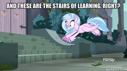 Size: 600x337 | Tagged: safe, edit, edited screencap, screencap, silverstream, classical hippogriff, hippogriff, school daze, image macro, jewelry, meme, necklace, new student starfish, solo, spongebob squarepants, stairs, that hippogriff sure does love stairs