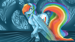 Size: 5600x3150 | Tagged: safe, artist:feathershine1, derpibooru import, rainbow dash, pegasus, pony, abstract background, colored wings, grin, long tail, multicolored wings, smiling, solo, wings