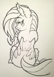 Size: 1191x1686 | Tagged: safe, artist:latecustomer, fluttershy, dragon, dragonified, flutterdragon, monochrome, shhh, smiling, solo, species swap