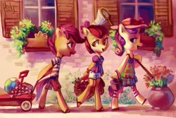 Size: 3448x2299 | Tagged: safe, artist:holivi, apple bloom, scootaloo, sweetie belle, pony, apple, ball, basket, bipedal, butterfly net, clothes, cutie mark crusaders, flower, food, wagon, window