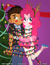 Size: 3090x4000 | Tagged: safe, artist:dieart77, derpibooru import, pinkie pie, oc, oc:copper plume, better together, equestria girls, antlers, blushing, canon x oc, christmas, christmas lights, christmas tree, clothes, commission, commissioner:imperfectxiii, copperpie, decoration, freckles, glasses, headband, holiday, neckerchief, pants, pantyhose, reindeer antlers, sandals, shirt, skirt, tangled up, tree