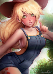 Size: 900x1247 | Tagged: safe, artist:toycake, applejack, human, applerack, armpits, breasts, female, humanized, overalls, realistic, sideboob, solo, sweat