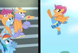 Size: 1024x696 | Tagged: safe, artist:butterfly-bases, artist:littlebasemaker, artist:missxxfofa123, derpibooru import, bow hothoof, rainbow dash, scootaloo, windy whistles, pegasus, pony, alternate hairstyle, ballerina, ballet, ballet slippers, base used, clothes, comic, father and child, father and daughter, female, flag, flying, hat, hoodie, male, mare, mother and child, mother and daughter, older, older scootaloo, parent and child, rainbow dash's parents, scarf, scootaloo can fly, scootarina, stallion, tutu, unshorn fetlocks