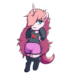 Size: 1750x1750 | Tagged: safe, artist:cheshirerose13x, artist:theyawningfox, oc, oc:ash, pony, unicorn, collaboration, bike shorts, bipedal, broken hearts, clothes, female, mare, pink hair, simple background, socks, thick, thigh highs, transparent background, white fur