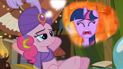 Size: 1920x1080 | Tagged: safe, derpibooru import, edit, edited screencap, screencap, pinkie pie, twilight sparkle, earth pony, pony, it's about time, 199- the extended weekend of sparkle, clothes, hell, hooves behind head, lidded eyes, link, madame pinkie, scarf, screaming, turban, youtube link, youtube poop