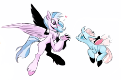 Size: 1088x719 | Tagged: safe, artist:emina15966emina, ocellus, silverstream, changedling, changeling, classical hippogriff, hippogriff, school daze, duo, female, flying, heart, looking at each other, simple background, smiling, unshorn fetlocks, white background