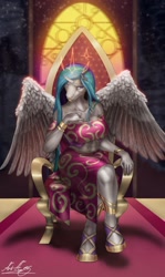 Size: 762x1280 | Tagged: safe, artist:h_03, princess celestia, alicorn, anthro, unguligrade anthro, abs, breasts, cleavage, clothes, ethereal crown, jewelry, princess breastia, shoes, signature, solo, spread wings, stained glass, throne, throne room, window, wings
