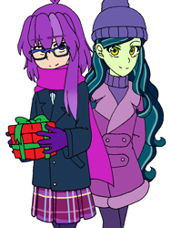 Size: 876x1167 | Tagged: safe, artist:fantasygerard2000, derpibooru import, oc, oc only, oc:belladonna nightshade, oc:magus eveningstar, equestria girls, beanie, christmas, clothes, coat, glasses, hat, holiday, jacket, pantyhose, pleated skirt, present, simple background, skirt, smiling, white background