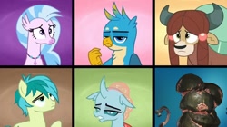 Size: 1674x940 | Tagged: safe, edit, edited screencap, screencap, gallus, ocellus, sandbar, silverstream, yona, classical hippogriff, griffon, hippogriff, school daze, blorg, stellaris