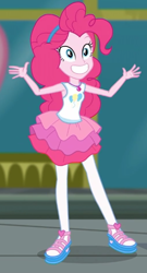 Size: 340x630 | Tagged: safe, derpibooru import, screencap, pinkie pie, better together, equestria girls, super squad goals, arms spread out, clothes, cute, diapinkes, female, geode of sugar bombs, magical geodes, pantyhose, sandals, shoes, skirt, smiling