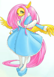 Size: 2039x2894 | Tagged: safe, artist:unousaya, fluttershy, anthro, semi-anthro, bipedal, clothes, dress, solo