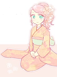 Size: 522x715 | Tagged: safe, artist:nemucure, fluttershy, equestria girls, clothes, flower, flower in hair, furisode, kimono (clothing), seiza, sitting, solo