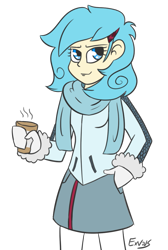 Size: 727x1080 | Tagged: safe, artist:exvius, derpibooru import, oc, oc:frost flare, human, kirin, equestria girls, blue eyes, clothes, coffee, drink, equestria girls oc, equestria girls-ified, female, hairclip, humanized, jacket, kirin oc, leggings, miniskirt, pantyhose, scarf, simple background, skirt, solo, transparent background, winter