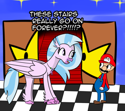 Size: 2933x2596 | Tagged: safe, artist:artiks, silverstream, classical hippogriff, hippogriff, school daze, dialogue, endless stairs, mario, stairs, super mario 64, super mario bros., that hippogriff sure does love stairs