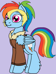 Size: 658x882 | Tagged: safe, artist:rosefang16, derpibooru import, rainbow dash, pegasus, pony, alternate hairstyle, astralverse, bomber jacket, clothes, female, jacket, leg fluff, mare, ponytail, purple background, simple background, solo