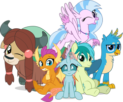 Size: 5067x4245 | Tagged: safe, artist:jhayarr23, gallus, ocellus, sandbar, silverstream, smolder, yona, changedling, changeling, classical hippogriff, dragon, griffon, hippogriff, pony, yak, school daze, absurd resolution, best friends, claws, cloven hooves, cute, diaocelles, diastreamies, dragoness, feathered fetlocks, female, gallabetes, jewelry, male, necklace, one eye closed, sandabetes, school of friendship, sextet, simple background, smolderbetes, student six, teenager, transparent background, wink, yonadorable