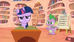 Size: 1365x768 | Tagged: safe, derpibooru import, screencap, spike, twilight sparkle, dragon, boast busters, annoyed, apologetic, checklist, golden oaks library, podium