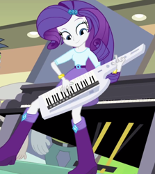 Size: 866x973 | Tagged: safe, artist:pinkiedash-blog, screencap, rarity, equestria girls, player piano, rainbow rocks, belt, boots, bracelet, clothes, cute, jewelry, keytar, musical instrument, piano, raribetes, shoes, skirt, solo