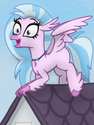 Size: 750x1000 | Tagged: safe, artist:soctavia, silverstream, classical hippogriff, hippogriff, school daze, cute, diastreamies, excited, female, happy, house, jewelry, necklace, roof, solo