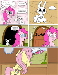 Size: 1024x1322 | Tagged: safe, artist:average-00, angel bunny, fluttershy, pinkie pie, earth pony, pegasus, pony, comic:opposites, angel is a bunny bastard, comic