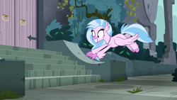Size: 1920x1080 | Tagged: safe, screencap, silverstream, classical hippogriff, hippogriff, school daze, castle of the royal pony sisters, cute, diastreamies, excited, eyes on the prize, flying, grin, jewelry, necklace, pointing, smiling, solo, spread wings, squee, stairs, that hippogriff sure does love stairs, wide eyes, wings