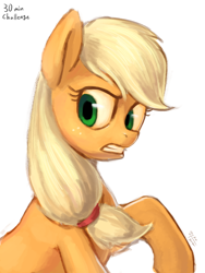 Size: 1500x2000 | Tagged: safe, artist:erudier, applejack, earth pony, pony, 30 minute art challenge, hatless, missing accessory, raised hoof, solo, upset