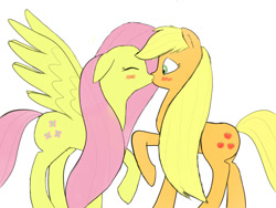 Size: 640x480 | Tagged: safe, artist:zora-artist, applejack, fluttershy, earth pony, pegasus, pony, appleshy, female, kissing, lesbian, long hair, long mane, shipping, wingboner