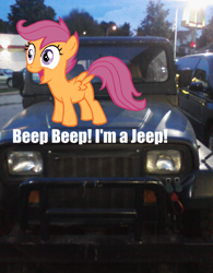 Size: 1192x1528 | Tagged: safe, artist:missmayaleanne, scootaloo, pony, cutealoo, jeep, photo