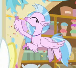 Size: 295x261 | Tagged: safe, screencap, silverstream, classical hippogriff, hippogriff, school daze, cropped, eyes closed, flying, solo