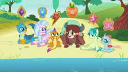 Size: 1920x1080 | Tagged: safe, edit, edited screencap, screencap, gallus, ocellus, sandbar, silverstream, smolder, yona, changedling, changeling, classical hippogriff, dragon, earth pony, griffon, hippogriff, pony, yak, school daze, cloven hooves, element of generosity, element of honesty, element of kindness, element of laughter, element of loyalty, element of magic, elements of harmony, female, group, male, stallion, student six