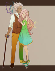 Size: 1224x1590 | Tagged: safe, artist:nika-tachikawa, discord, fluttershy, human, cane, discoshy, female, humanized, male, shipping, straight