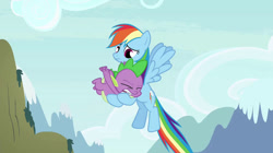 Size: 739x415 | Tagged: safe, derpibooru import, screencap, rainbow dash, spike, dragon, pegasus, pony, twilight's kingdom, female, holding a dragon, male