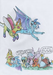 Size: 1151x1626 | Tagged: safe, artist:kuroneko, derpibooru exclusive, gallus, ocellus, princess ember, sandbar, silverstream, smolder, thorax, yona, changedling, changeling, classical hippogriff, dragon, earth pony, griffon, hippogriff, pony, yak, awkward, blushing, blushing profusely, bush, changeling king, colored pencil drawing, dragoness, embrax, eww, female, flying, gona, interspecies, king thorax, kissing, looking at each other, male, shipping, simple background, speech bubble, stallion, straight, student six, traditional art, white background