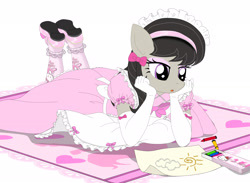 Size: 3000x2193 | Tagged: safe, artist:avchonline, derpibooru import, octavia melody, anthro, alice in wonderland, bow, clothes, crayon, crayon drawing, dress, eyeshadow, female, gloves, hair bow, hello kitty, long gloves, maid, makeup, mare, mary janes, octamaid, pantyhose, pinafore, sanrio, traditional art