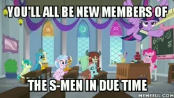 Size: 480x270 | Tagged: safe, edit, edited screencap, screencap, gallus, ocellus, pinkie pie, sandbar, silverstream, smolder, twilight sparkle, twilight sparkle (alicorn), yona, alicorn, earth pony, pony, school daze, book, classroom, flying, image macro, meme, reference, student six, the big bang theory, x-men